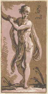 Mazzola Francesco Prints: A Standing Youth Gesturing to His Right, 1723. Creators: Anton Maria Zanetti, Parmigianino