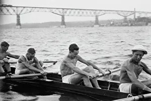 River Hudson Prints: Stanford University crew rowing on Hudson River with Poughkeepsie Bridge