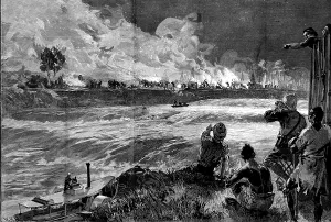 Henry Stanley Prints: Stanley's Emin Pasha Relief Expedition: Arabs raiding a native village on the Aruwimi