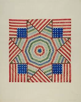 Stars And Stripes Gallery: Star and Flag Design Quilt, c. 1941. Creator: Fred Hassebrock