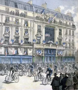 Start of the Paris-Brest-Paris cycle race, 1891. Artist: F Meaulle Start of the Paris-Brest-Paris cycle race, 1891. Artist: F Meaulle
