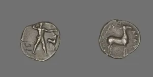 Calabrian Prints: Stater (Coin) Depicting Caulos and Deer, 480-388 BCE. Creator: Unknown