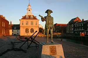 Custom House Prints: Statue of Captain Vancouver at dusk on the Purfleet Quay, Kings Lynn, Norfolk