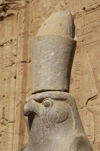 Statue of God Horus wearing the double crown... Temple of Edfu, Egypt, Ptolemaic period, (2003). Creator: LTL