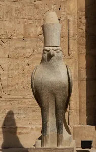 Statue of God Horus wearing the double crown... Temple of Edfu, Egypt, Ptolemaic period, (2003). Creator: LTL