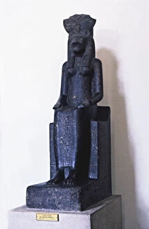 Egyptian Art Gallery: Statue of Goddess Sekhmet with ornamental papyrus of Ramses IV, about 1160 b.C
