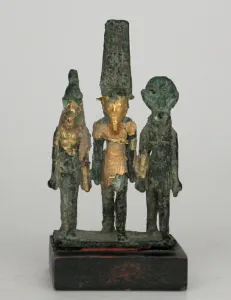 Statuette of the Theban Triad, Amun, Mut, and Khonsu, Egypt Statuette of the Theban Triad, Amun, Mut, and Khonsu, Egypt
