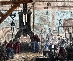 Heavy Industry Prints: Steam hammer being used in an ironworks, France, 1867