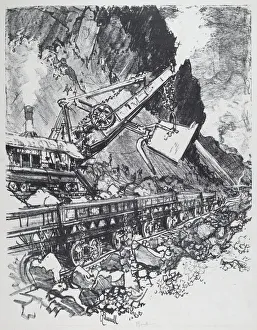 Under Construction Gallery: Steam Shovel in the Cut at Bas Obispo, 1912. Creator: Joseph Pennell