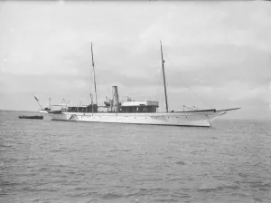 Steam yacht Cressida at anchor, 1914. Creator: Kirk & Sons of Cowes Steam yacht Cressida at anchor, 1914. Creator: Kirk & Sons of Cowes