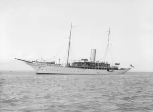 Steamer Prints: The steam yacht Eileen at anchor, 1914. Creator: Kirk & Sons of Cowes