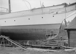 Dry Dock Gallery: The steam yacht Priscilla on slips, 1912. Creator: Kirk & Sons of Cowes