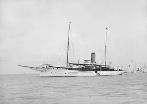 Steam Boat Prints: The steam yacht Surf at anchor, 1912. Creator: Kirk & Sons of Cowes