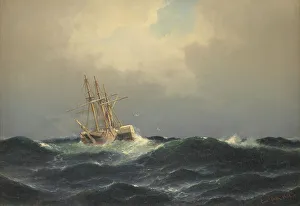 Laridae Prints: A steamship in a storm in the Atlantic, 1863. Creator: Carl Bille