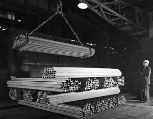 Lowering Gallery: Steel H girders being stacked for distribution, Park Gate, Rotherham, South Yorkshire, 1964
