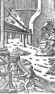 Steel production: a forge with bellows to produce draught, 1556 Steel production: a forge with bellows to produce draught, 1556