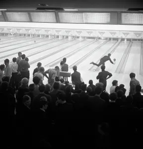 Steelworks social evening at a bowling alley, Sheffield, South Yorkshire, 1964. Artist