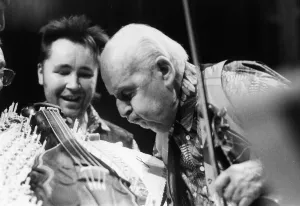 Leaning Forward Prints: Stephane Grappelli, Nigel Kennedy; Barbican, London, 1994. Creator: Brian Foskett