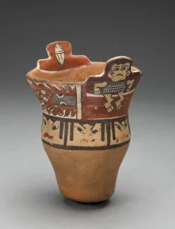 Stepped-Rim Beaker Depicting Human Figures, Faces, and Abstract Motifs, 180 B. C. / A. D. 500