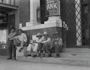 Unemployment Prints: On the steps of the bank in the public square