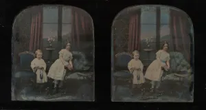 Skittles Prints: [Stereograph, Two Children Standing Between Furniture in a Studio Parlor Setting], ca
