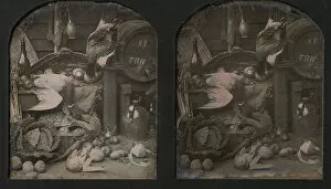 Stereoscope Card Gallery: Stereograph Still-life of Fowl with Initialed Barrel and Root Vegetables, 1850s