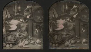 Stereograph Still-life of Fowl with Initialed Barrel and Root Vegetables, 1850s