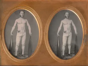 Stereoscopy Prints: Stereoscopic Case, Partially Nude Strongman Holding Indian Clubs, 1853-60s
