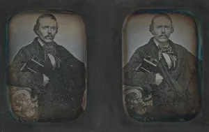 Stereoscopic Portrait of Man Holding Stereoscopic Viewer, 1840s-60s. Creator: Unknown