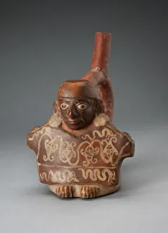 Andean Gallery: Stirrup Spout Vessel Depicting Man Holding Decorated Textile, 100 B.C. / A.D. 500