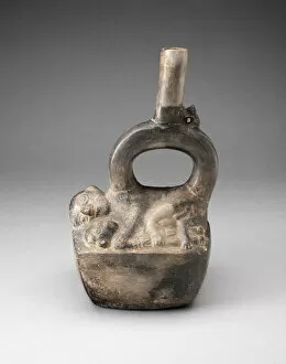 Embracing Gallery: Stirrup Spout Vessel Depicting Reclining Figures, A.D. 1100 / 1470. Creator: Unknown