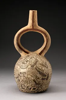 Mochica Prints: Stirrup Spout Vessel with Fineline Mythical Battle Scene, 100 B. C. / A. D. 500