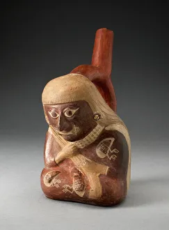 Hunched Prints: Stirrup Spout Vessel in the Form of a Seated Figure with Insects on Torso