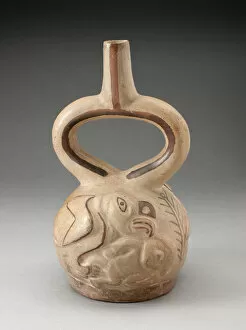 Violence Gallery: Stirrup Spout Vessel with Raised Design of a Man Attacked by a Bird, 100 B.C. / A.D. 500