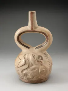 Mochica Prints: Stirrup Spout Vessel with Raised Design of a Man Attacked by a Bird, 100 B. C. / A. D. 500