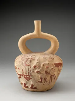 Mochica Prints: Stirrup Spout Vessel with Raised Motif of a Mythic Battle, 100 B. C. / A. D. 500