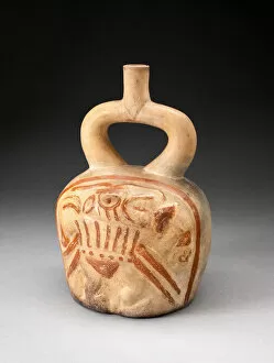 Andean Gallery: Stirrup Spout Vessel with Relief Depicting a Supernatural Figure Holding a Trophy Head
