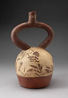 Mochica Prints: Stirrup Vessel Depicting Supernatral Being within a Shell, 100 B. C. / A. D. 500