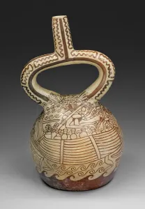 Stirrup Vessel with Fineline Painting Depicting a Figures in Reed Boat, 100 B. C. / A. D. 500