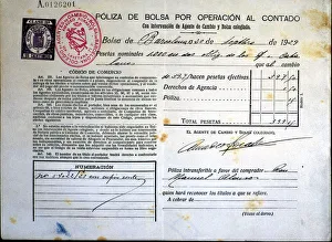 Property Prints: Stock policy by cash transaction issued in Barcelona in 1929, the document proves