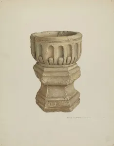 Font Prints: Stone Baptismal Font, c. 1940. Creator: Rose Campbell-Gerke