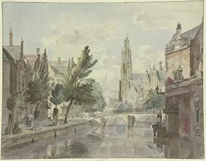 Waters Edge Prints: Stone bridge over a canal, a cathedral in the background