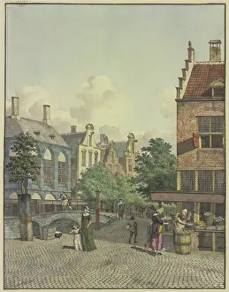 Vendor Prints: Stone bridge, a shop on the right, 18th century. Creator: Johannes Huibert Prins