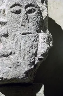 Detail of a stone head in Penmon Priory