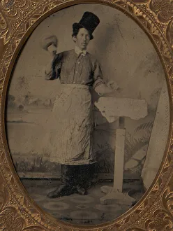Chisel Prints: Stone Mason in Top Hat and Apron with Mallet and Chisel, 1870s-80s. Creator: Unknown