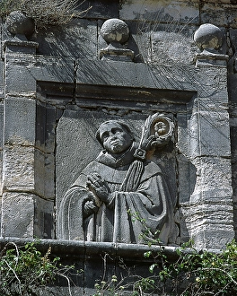 Stone relief of Bernard of Clairvaux, Monsalud Monastery, Corcoles, Castile-La Mancha, Spain, 2001. Creator: LTL