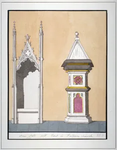 Stone stall and font in All Saints Church, Fulham, London, c1800