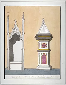 All Saints Church Gallery: Stone stall and font in All Saints Church, Fulham, London, c1800