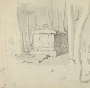 Pen And Black Ink Prints: A Stone Tomb in a Forest;verso: Study of a Flower, 1830. Creator: Christen Kobke
