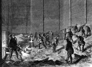 Storing ice in insulated sheds at Charless Ice Store, Chelsea, London, 1861
